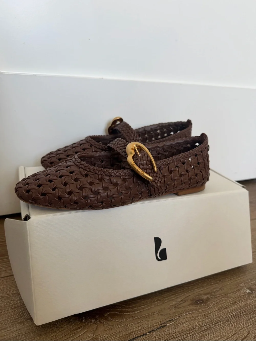 Larroude Brown Woven Mary Jane Flat with Gold Buckle - Picture 3 of 6